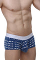 Man wearing blue boxer briefs with white pattern on a white background