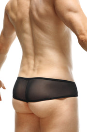A rear view of a person wearing a see-through black g-string that covers the butt with thin black net.